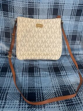 Michael Kors Cream Signature Crossbody with Tan Leather Strap